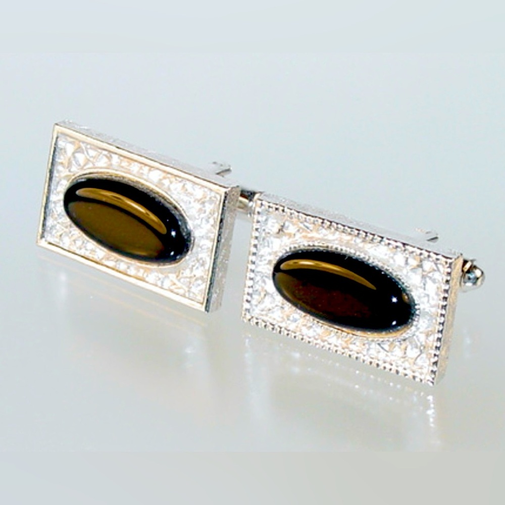 VINTAGE DANTE SILVER TONED WITH BLACK AGATE CUFF LINKS DATED 50’s-70’s EUC